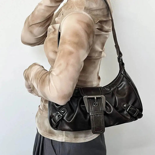 Y2K Vintage Pleated Underarm Bag Maillard Style Leather Shoulder Bag with Belt Buckle Rivet Decor, Cool Girl Ruffled Armpit Bag Peaceful Pleasures Health and Wellness