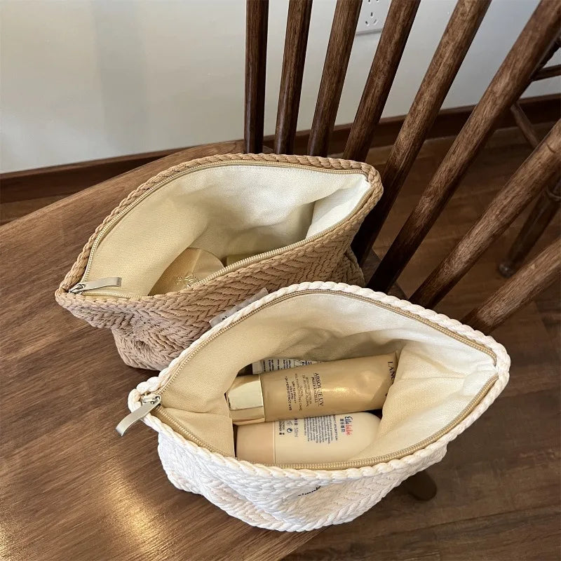 Portable Handwoven Cotton Makeup Bag – Artistic Crochet Cosmetic Pouch with Zipper, Minimalist Clutch for Women Storage Bag Peaceful Pleasures Health and Wellness