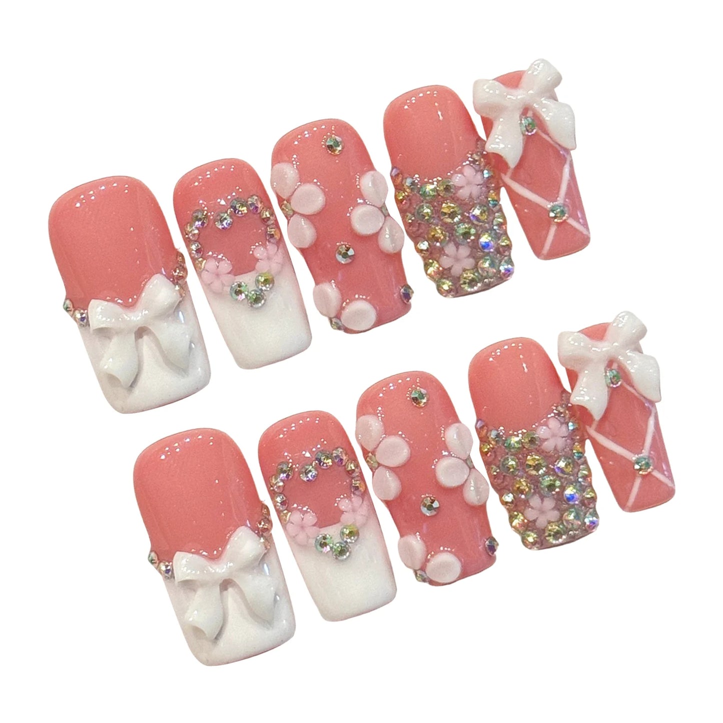 Press On Nails French Glitter 3D Bow Rhinestone Set | 10pcs