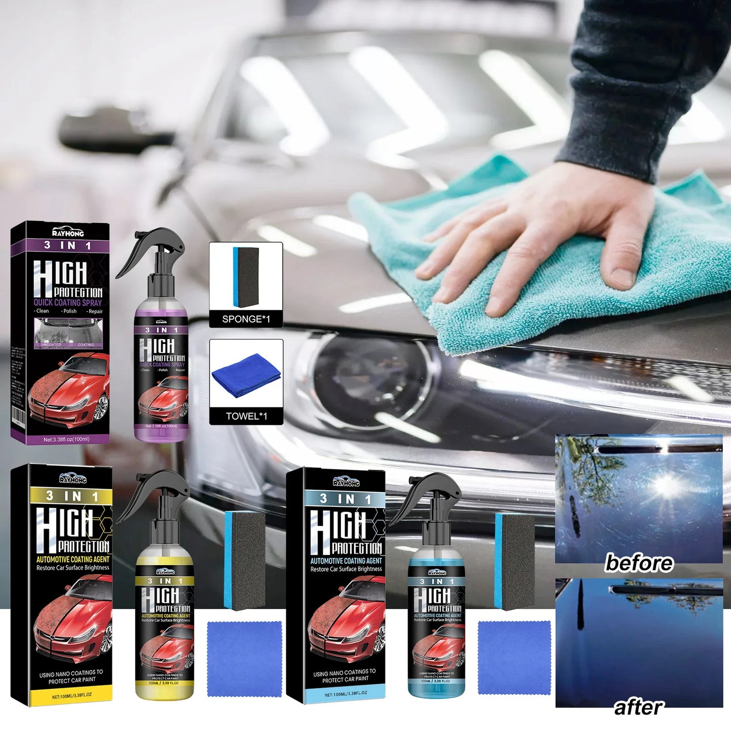 Rayhong 3-in-1 Car Coating Spray | Polish, Protect & Repair
