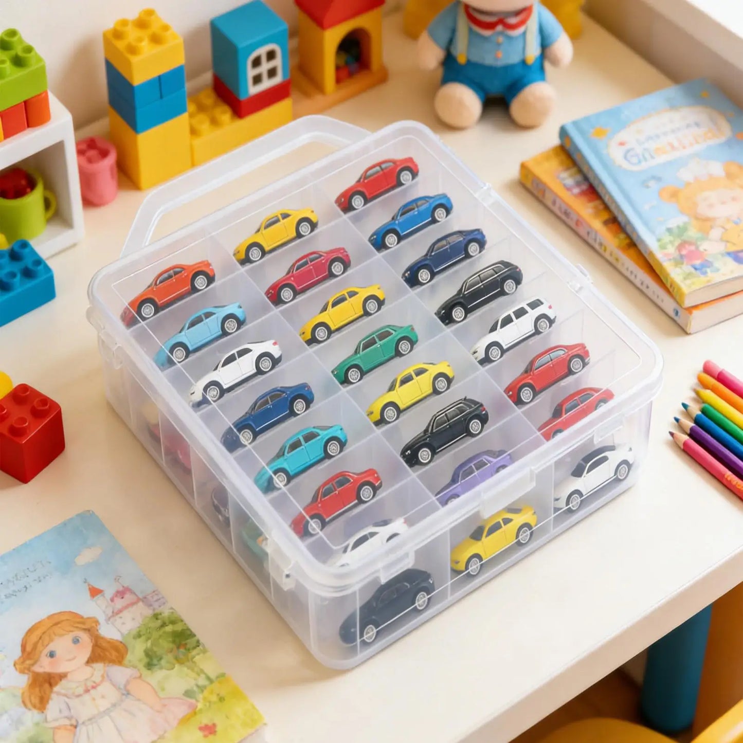 Clear 46-Compartment Double-Sided Storage Box with Handle