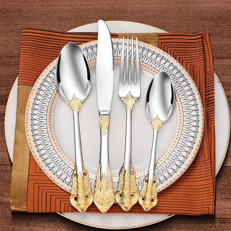 Stainless Steel Dinnerware Sets High-grade Knife Fork And Spoons Cutlery Kits Gold Plated Floral Pattern Tableware Dropship Peaceful Pleasures Health and Wellness
