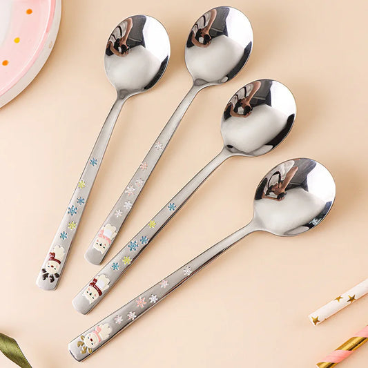 Hot 304 Stainless Steel Round Spoon Cartoon Embossed Deer Spoon Korean Style Household Long Handle Drinking Spoon Peaceful Pleasures Health and Wellness
