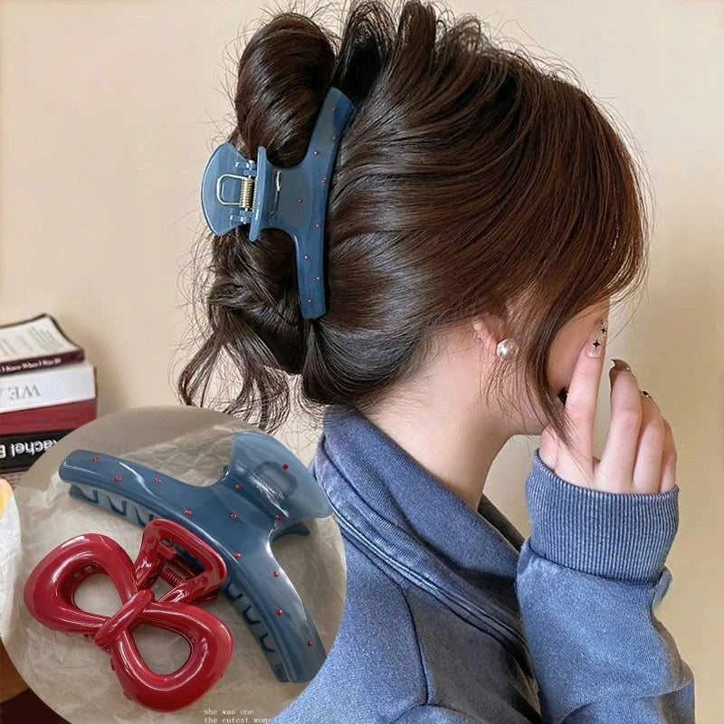 1 Women Vintage Red Polka Dot Ribbon Bow Shark Clip Hairpin Hair Claw