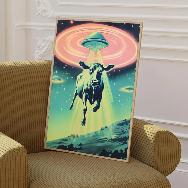 UFO Flying Saucer Alien Drink Coffee Art Print Poster Cow Abduction Canvas Printing Print Retro Sci Fi Wall Art Funny Home Decor Peaceful Pleasures Health and Wellness