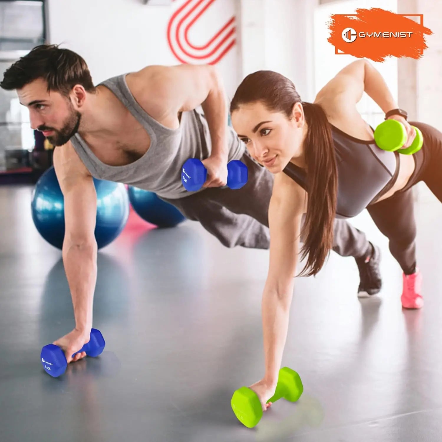 Two people exercising with colorful dumbbells in a gym setting, with 'Gymenist' branding visible.