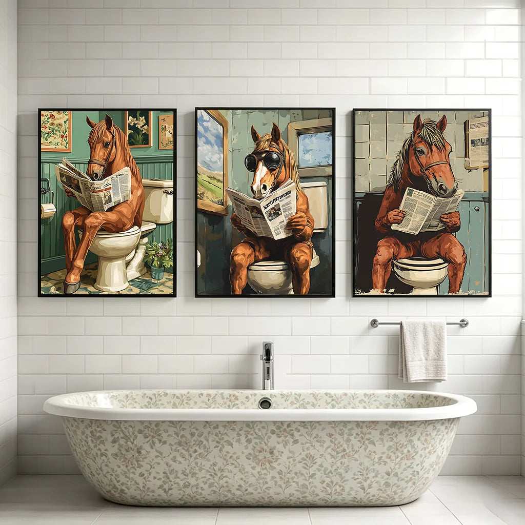 Funny Horse Vintage Bathroom Wall Art | Retro Canvas Poster Canvas Wall Art Peaceful Pleasures Health and Wellness
