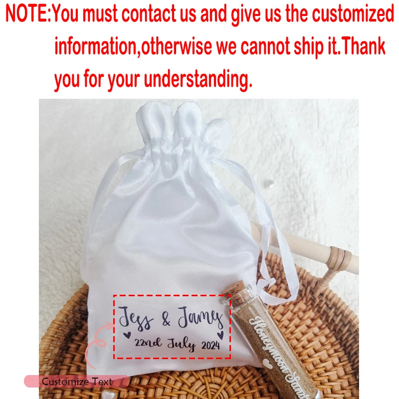 5-Pack Personalised White Satin Drawstring Bags | Wedding Favors