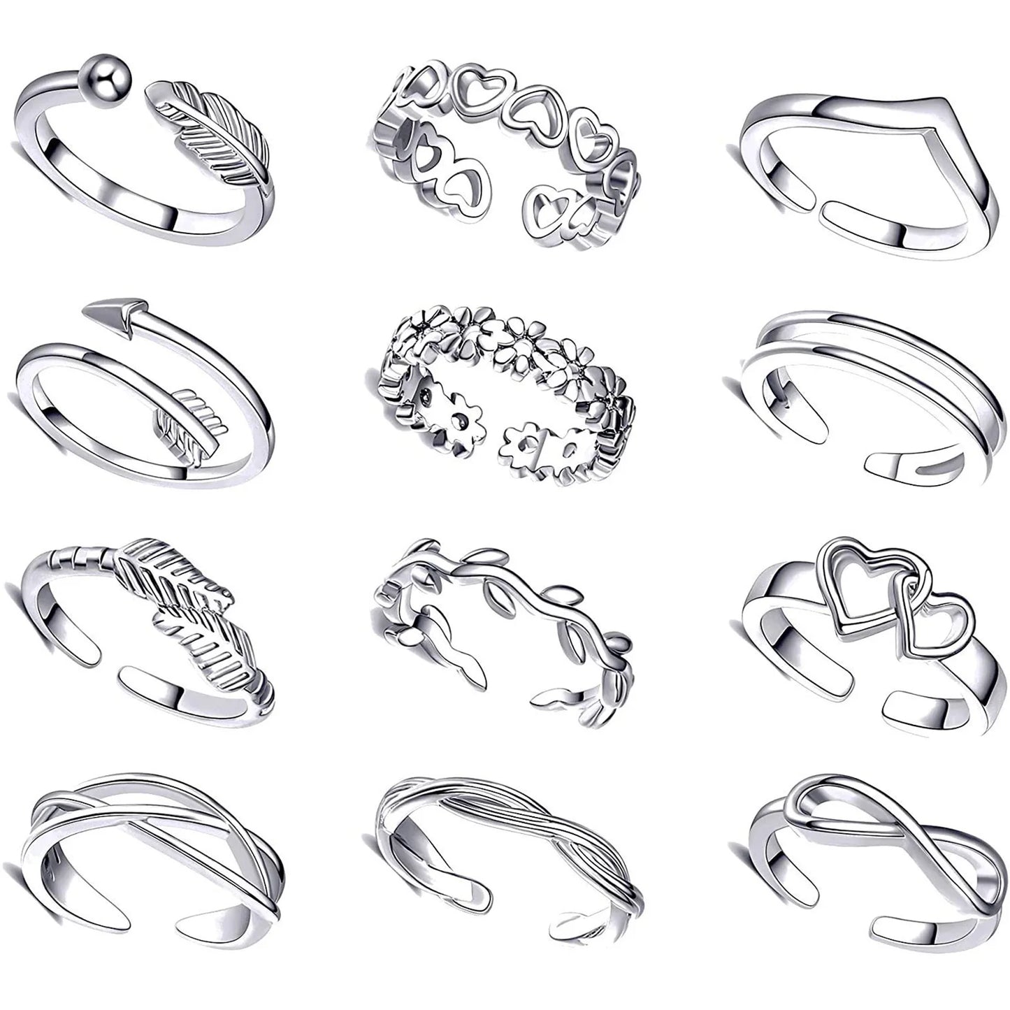 12pcs Silver Adjustable Toe s Fashion Alloy Feather Jewelry Foot for Birthday Stage Party Show Peaceful Pleasures Health and Wellness