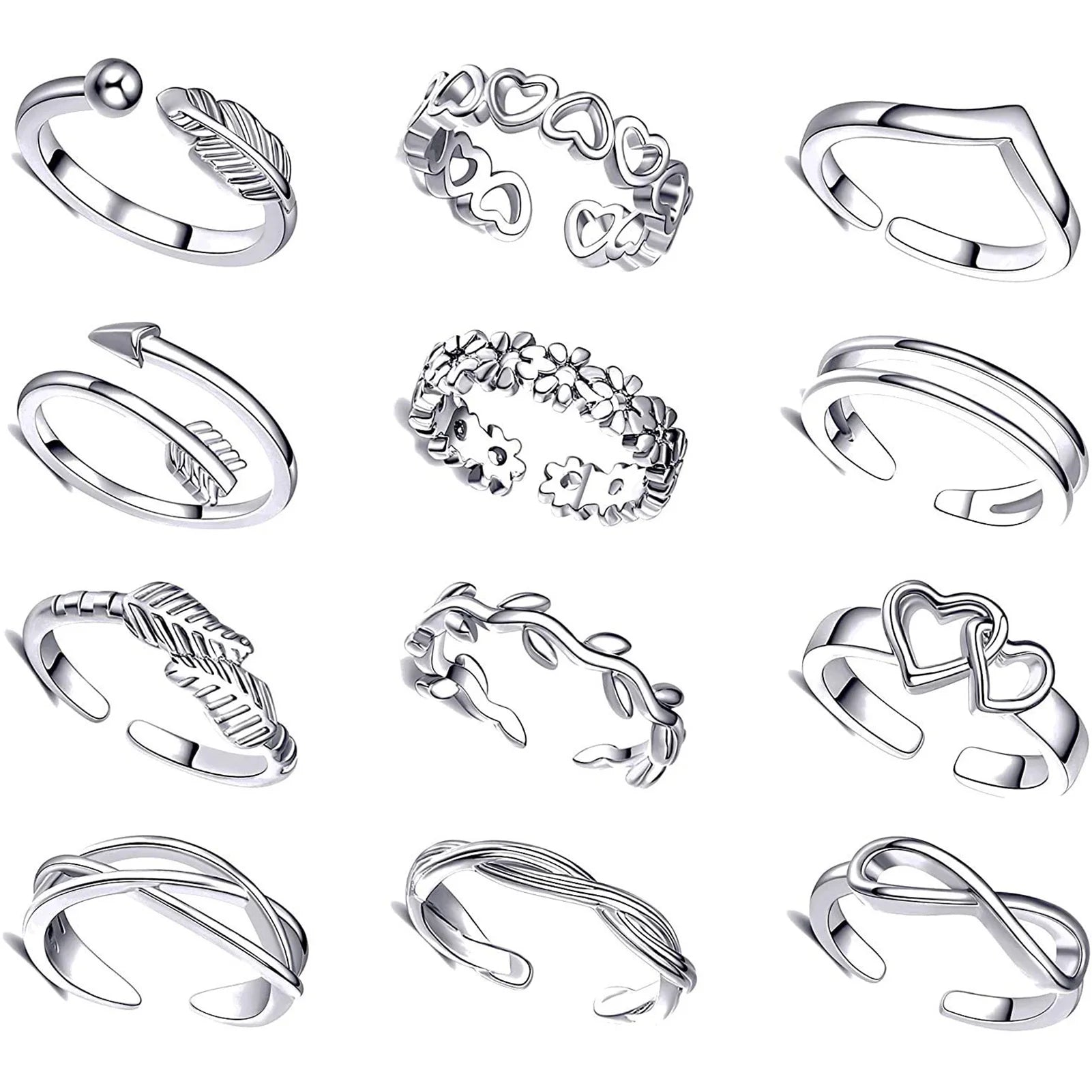 12pcs Silver Adjustable Toe s Fashion Alloy Feather Jewelry Foot for Birthday Stage Party Show Peaceful Pleasures Health and Wellness