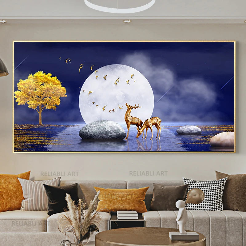 Chinese Feng Shui Golden Rich Tree Canvas Painting Wall Art Deer Landscape Lucky Stone Posters Wall Art for Living Room Decor Peaceful Pleasures Health and Wellness w2624 golden-4 20x40cm