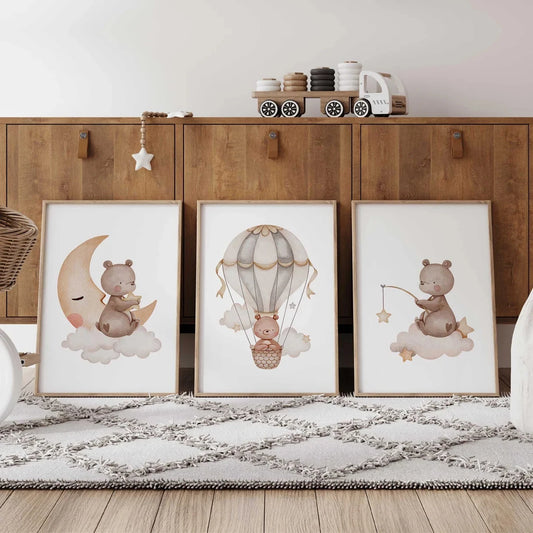 3-Piece Cartoon Bear Nursery Canvas Wall Art | Kids Room Decor Nursery Canvas Art Peaceful Pleasures Health and Wellness G4432-3pcs 30x40cm Metal Framed