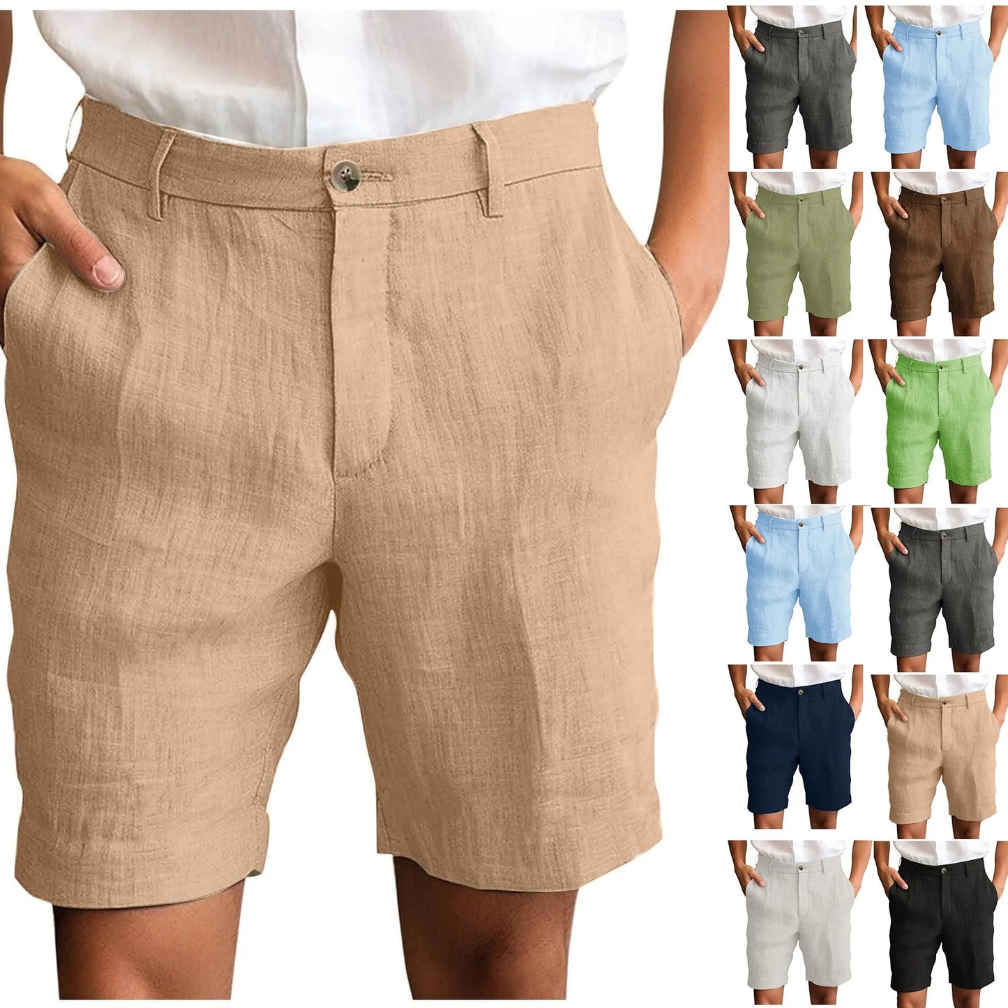Summer Cotton Linen Shorts for Men Solid Casual Button Pocket Beach Shorts Men's Comfortable Simple Vacation Leiture Pants Peaceful Pleasures Health and Wellness