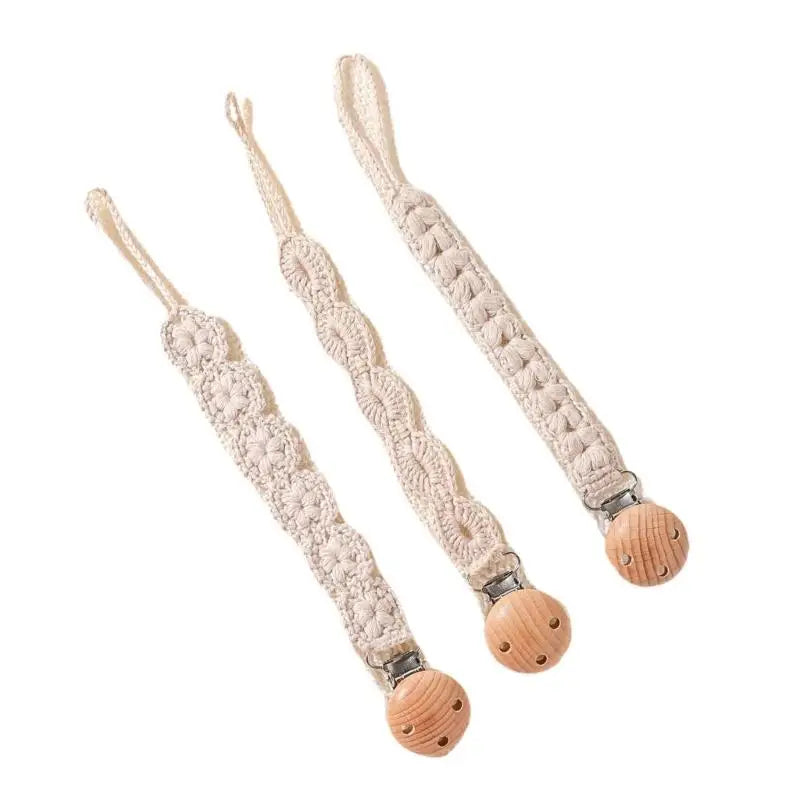 Baby Pacifier Holder Clips with Wooden Teether Beads – 3-Pack
