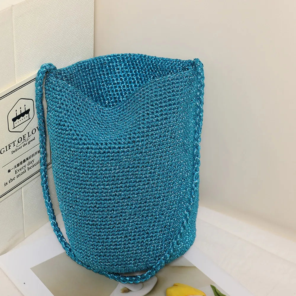 Korean Glitter Woven Bucket Bag – Crochet Tote & Beach Bag Woven Bucket Tote Peaceful Pleasures Health and Wellness Blue