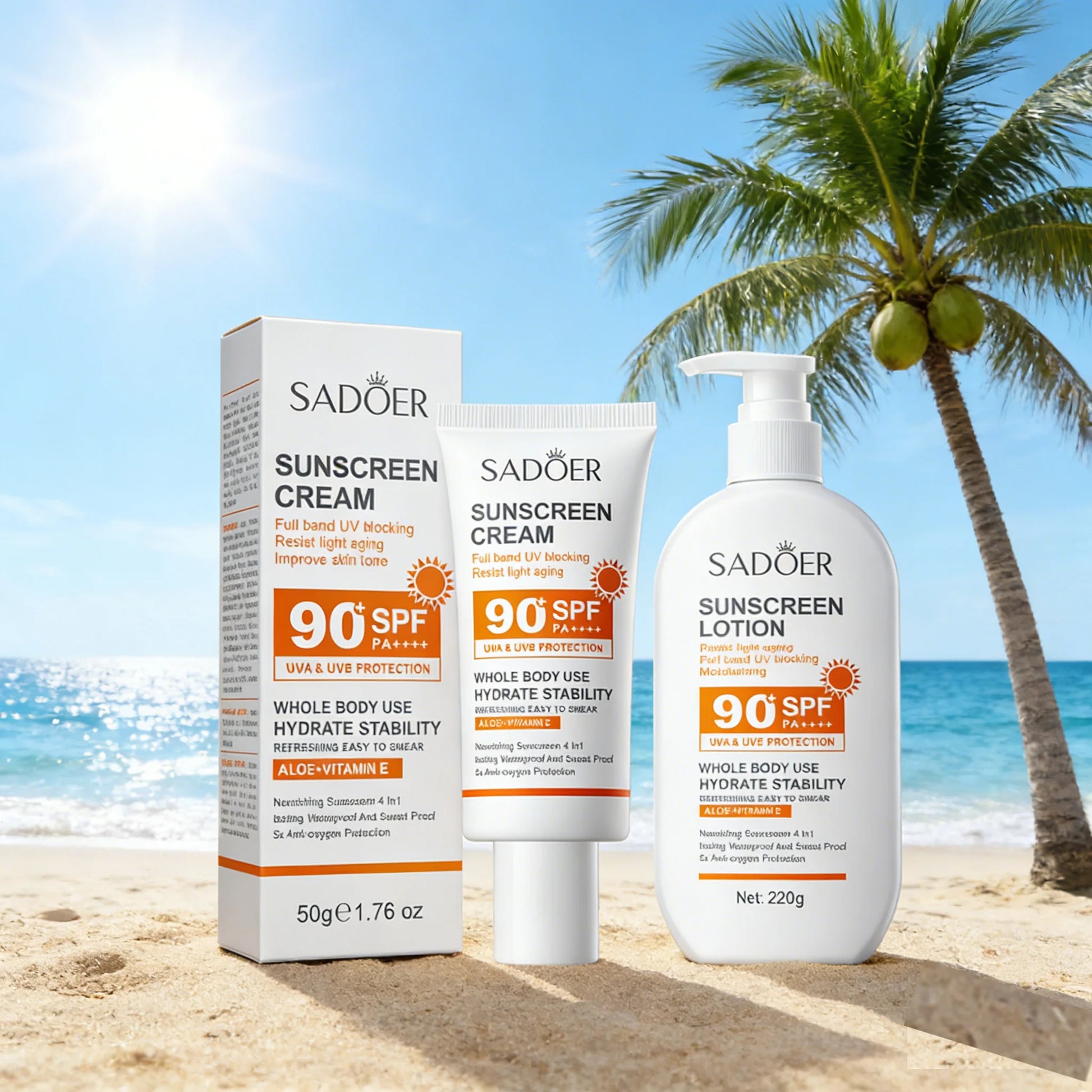 Lotion Solaire Pour Le Corps Et Le Visage, Super 220g, 50g Small bottle size, SPF 90 PA +++++, Utilisation Pour Tout Le Corps, Peaceful Pleasures Health and Wellness