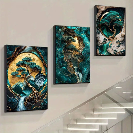 3pcs Advanced Marble Pattern Jade Green Golden Foil Line Art High-Definition Canvas Printing Deco Art Unframed for Home Decor Peaceful Pleasures Health and Wellness