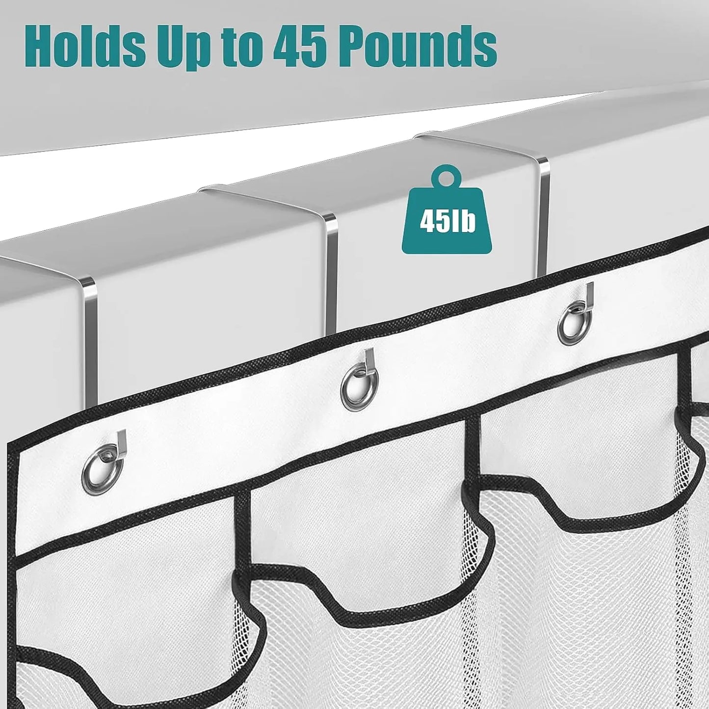 Mesh laundry basket with capacity label showing it holds up to 45 pounds.