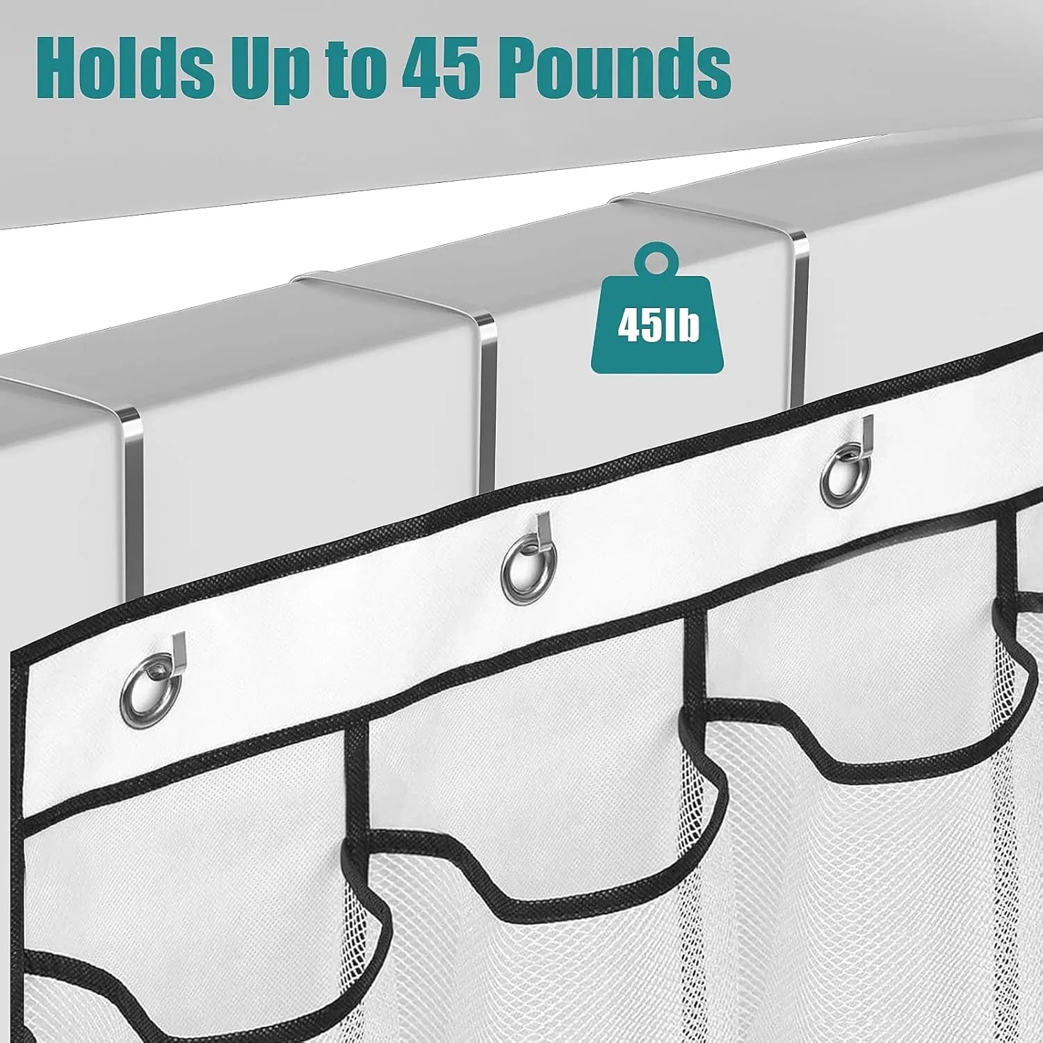 Mesh laundry basket with capacity label showing it holds up to 45 pounds.