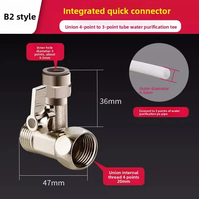 RO Feed Water Adapter 1/2" to 1/4" with Shut-Off Ball Valve Tee