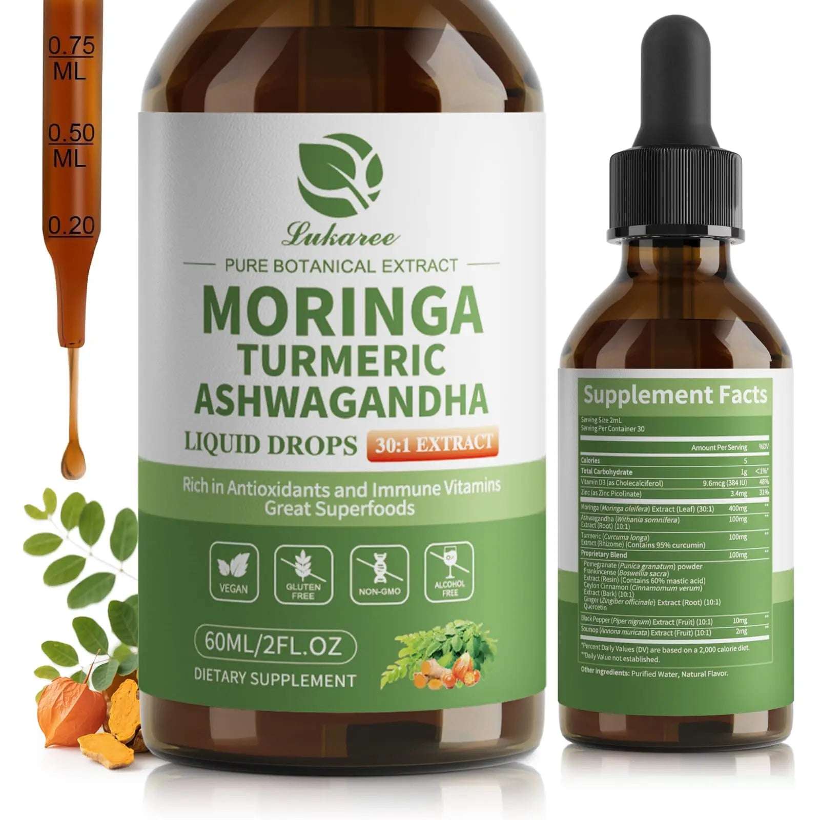 Bottle of Moringa Turmeric Ashwagandha liquid drops with dropper and label on a white background