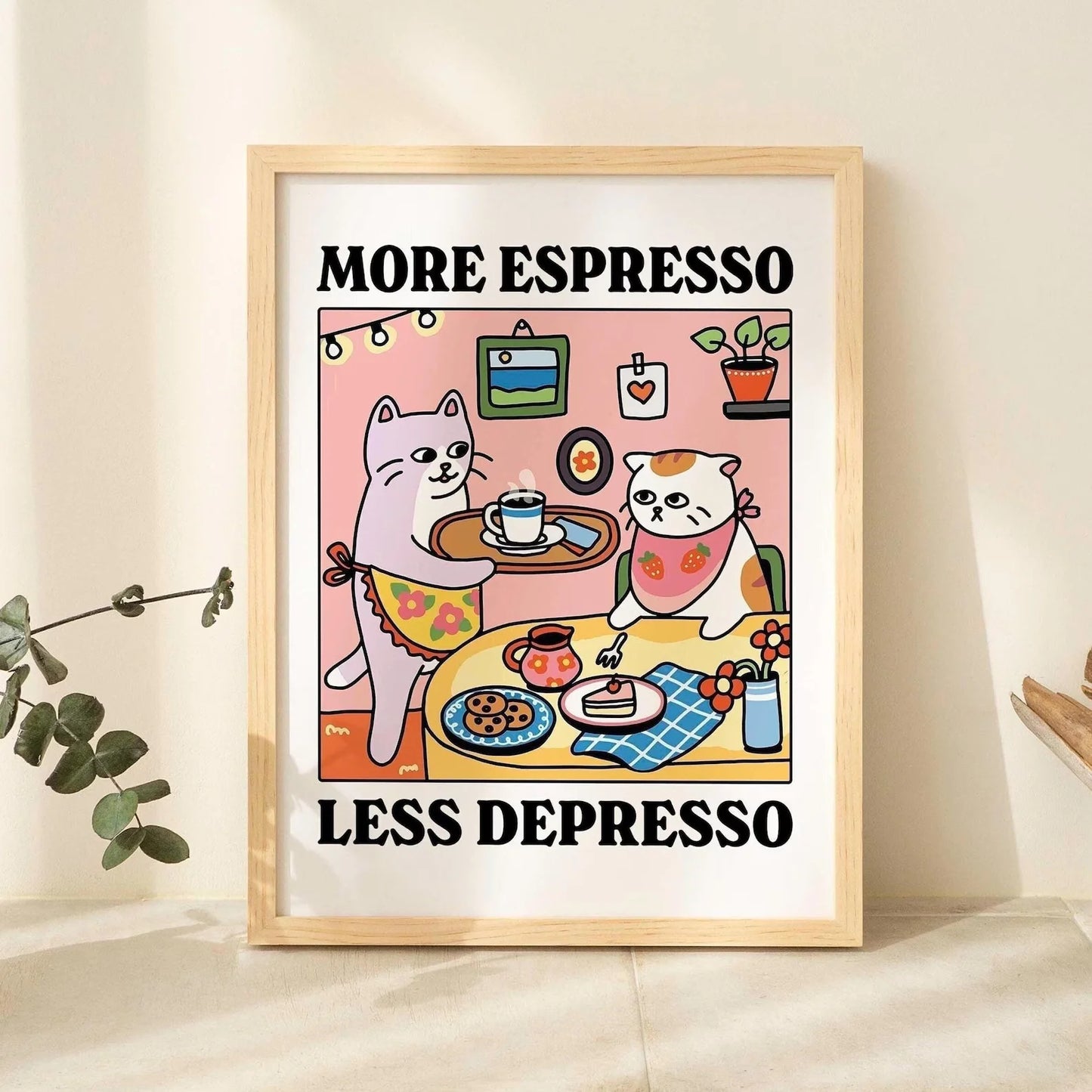More Espresso Less Depresso Black Cat Canvas Wall Art Print
