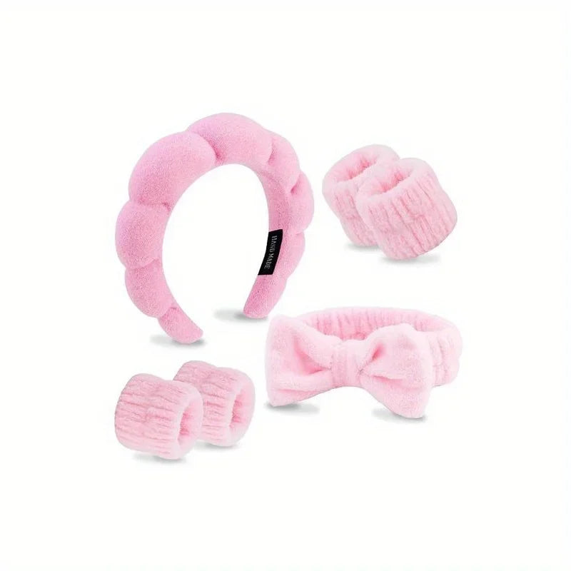 4-Piece Bow Headband & Wristband Set – Spa & Makeup Hair Accessories for Women Peaceful Pleasures Health and Wellness pink
