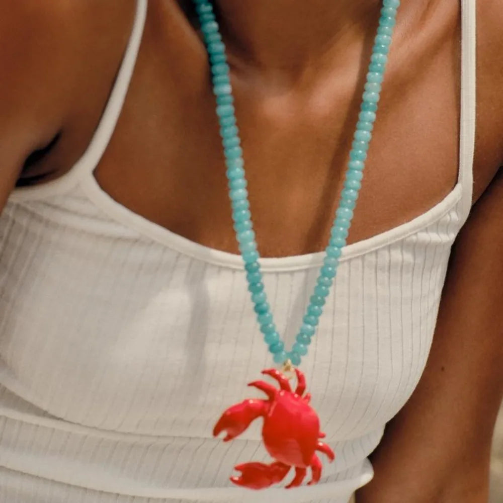 Beaded Crab Pendant Necklace – Boho Enamel Summer Jewelry
