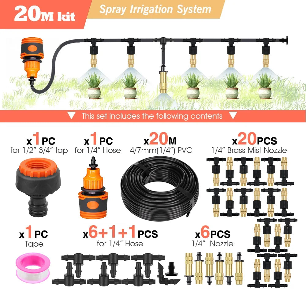 10M-30M Outdoor Misting Cooling System 4/7mm Hose for Patio Greenhouse Garden Irrigation Watering 1/4'' Brass Atomizer Nozzles Peaceful Pleasures Health and Wellness C-20M kit