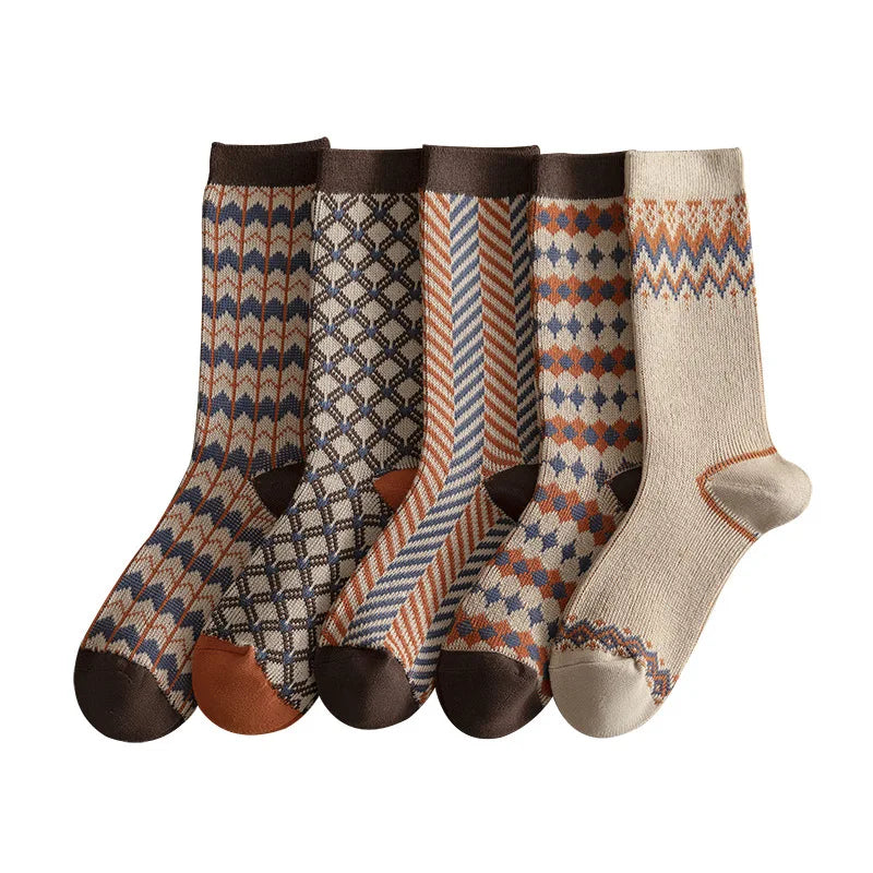 Autumn Winter Brown Mid Length Socks Fashion Grid Pattern Retro Fashion Mid Tube Sock Sweat Absorbing and Breathable Cotton Sock Peaceful Pleasures Health and Wellness
