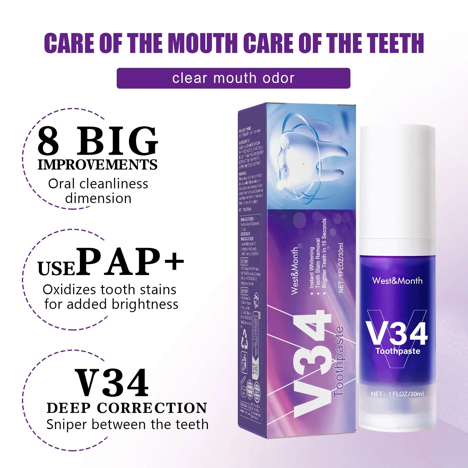 V34 Teeth Whitening Toothpaste 30ml – Stain & Plaque Remover Whitening Toothpaste Peaceful Pleasures Health and Wellness