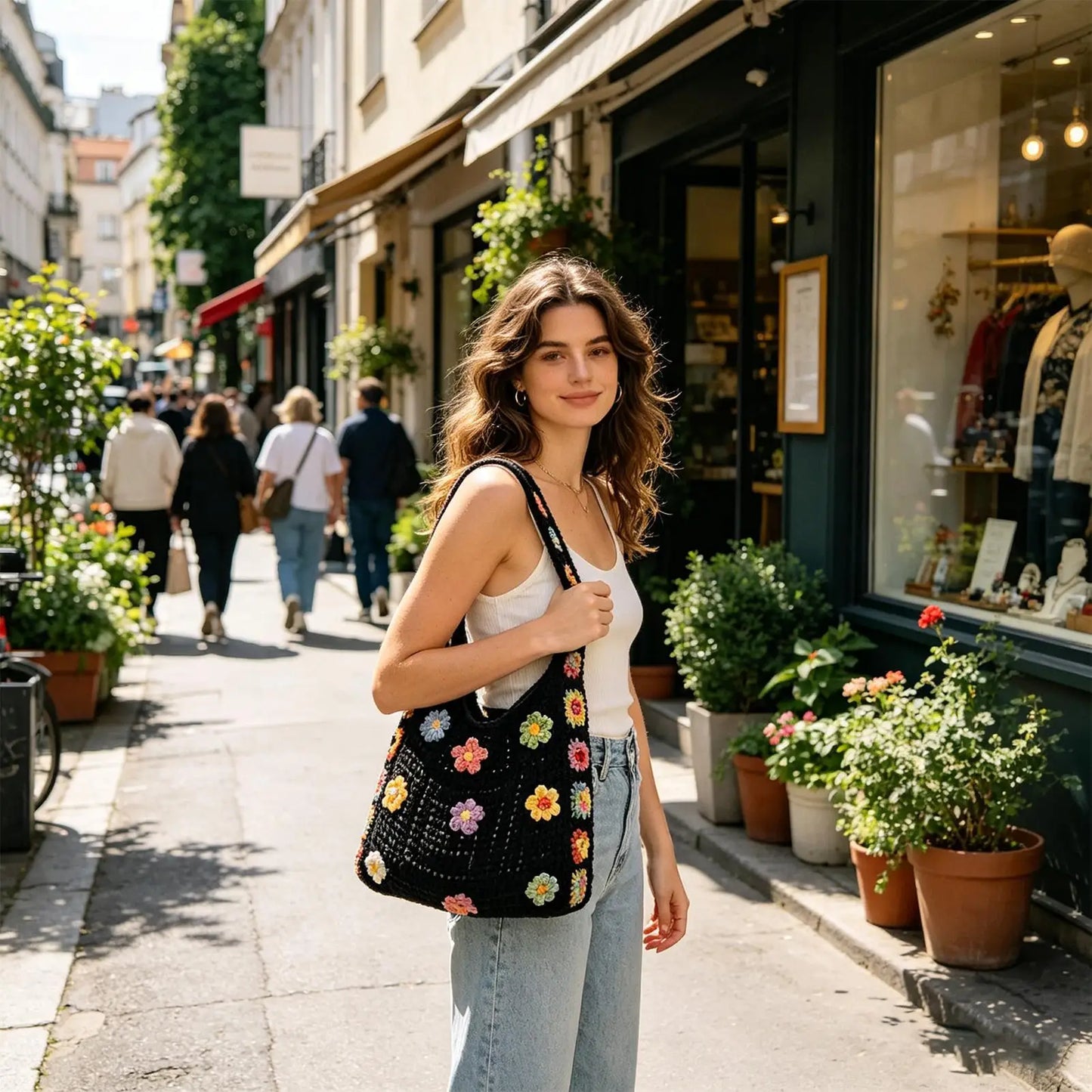 Handmade Crochet Bag For Women Girls, Floral Knit Beach Tote Summer Handbag For Travel Vacation Music Festival Dating Peaceful Pleasures Health and Wellness