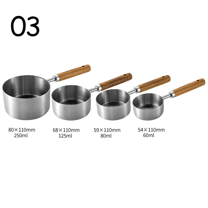 4-Piece Stainless Steel Measuring Cup Set with Walnut Wooden Handles | Gold, Rose Gold & Silver