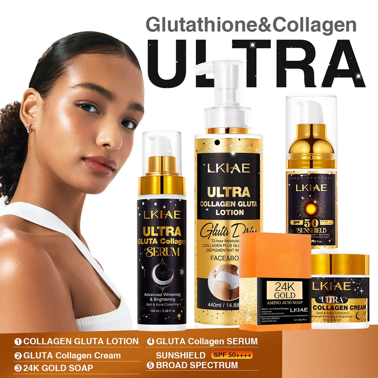 AILKE Glutathione & Collagen Brightening Skin Care Set SPF50
