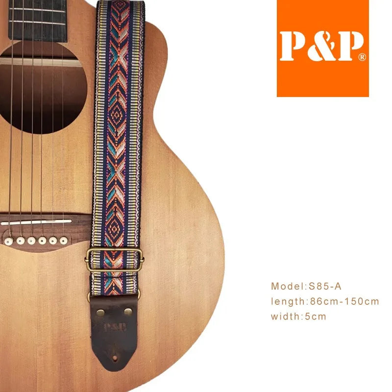 PP Guitar Strap S85 Series Ethnic Jacquard Embroidery Leather Brown