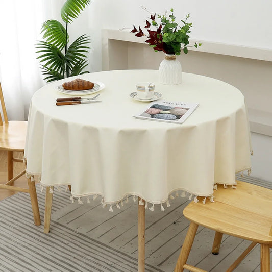 Round Cotton Linen Tablecloth with Tassels | Waterproof & Dustproof Round Tablecloth Oasis Select White 120CM