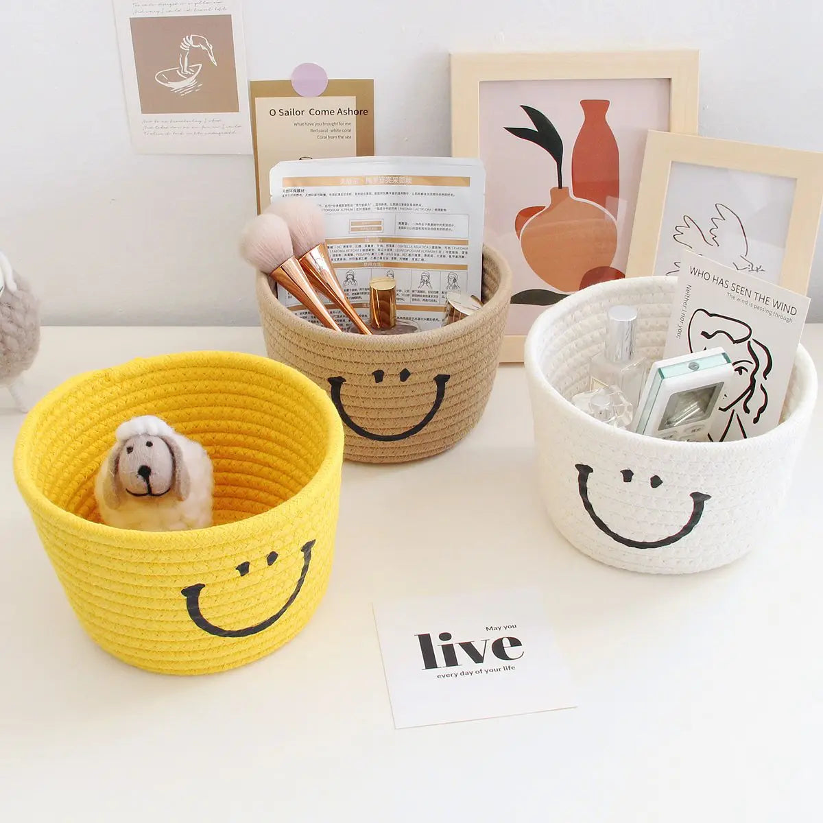 Smiley Face Desktop Storage Box Fabric Foldable Organizer for Remotes Stationery Mobiles Cosmetics Medicine Miscellaneous Items Peaceful Pleasures Health and Wellness