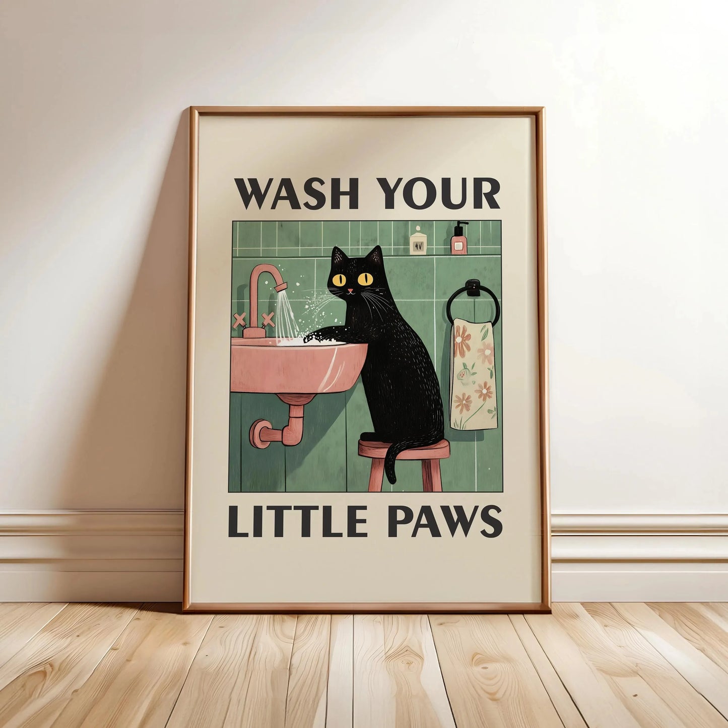 Kawaii Wash Paws Cat Canvas Print | Bathroom & Nursery Wall Art