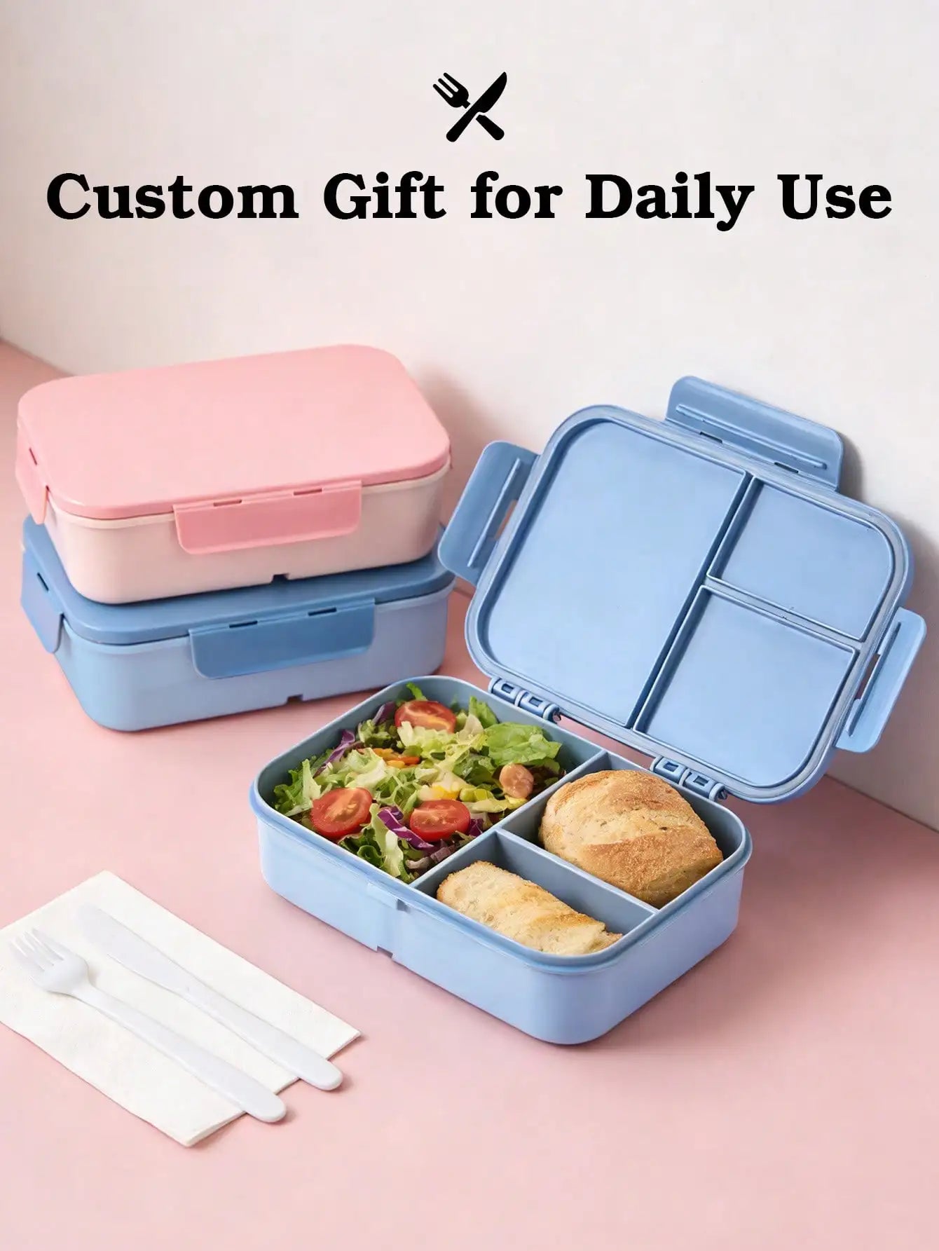 Custom Name Bento Lunch Box Portable With Fork Spoon Pink Blue Personalized Food Container For Kids Adults Work School Picnic Peaceful Pleasures Health and Wellness