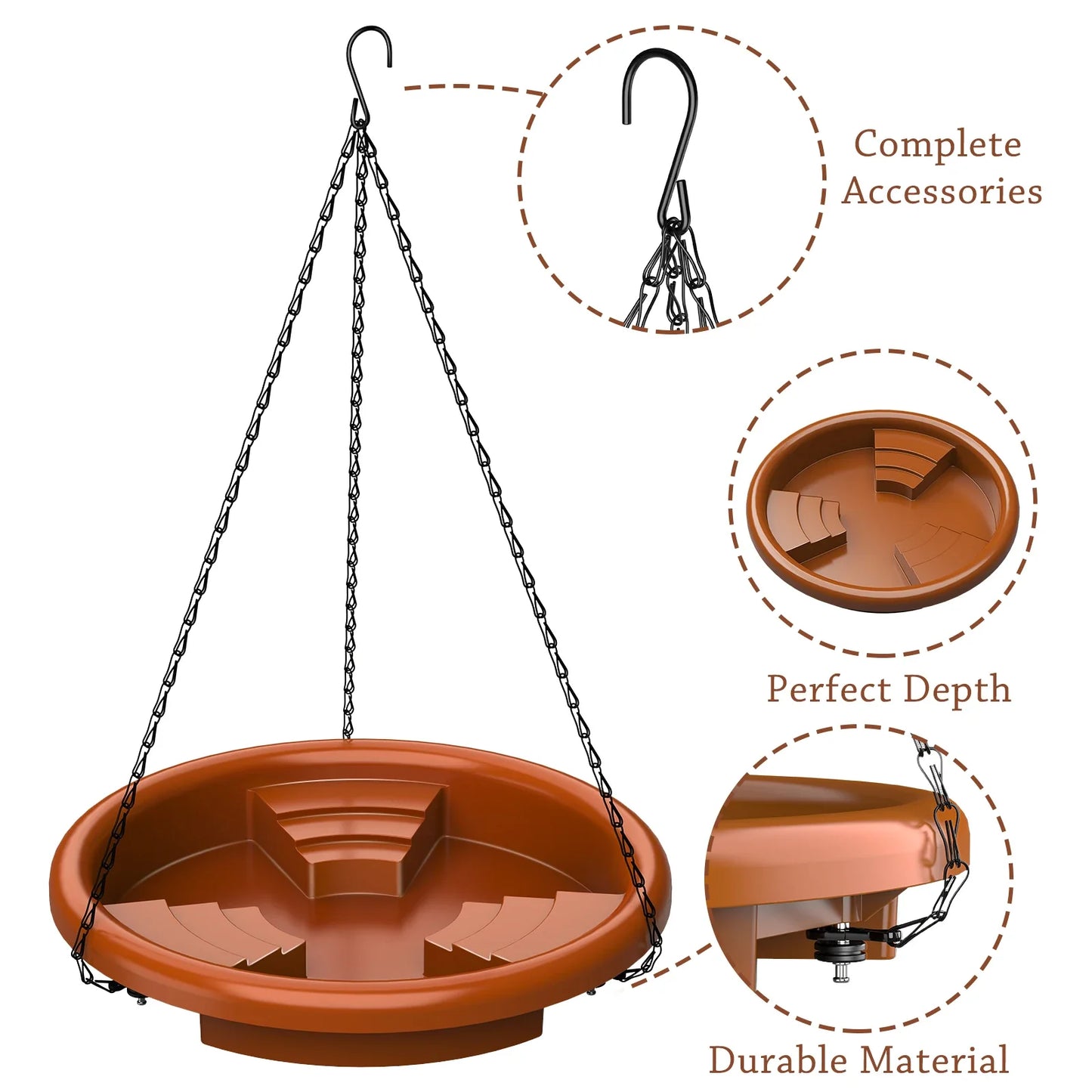 AISITIN 12" Hanging Bird Bath with Fountain & Chain