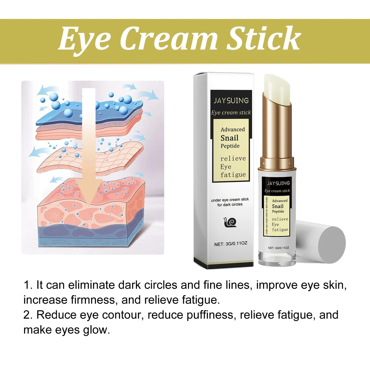 Snail Eye Cream Stick Anti-Puffiness Wrinkle Removal Fade Dark Circle Fine Lines Repair Moisturizing Firming Lightening Eye Care Peaceful Pleasures Health and Wellness