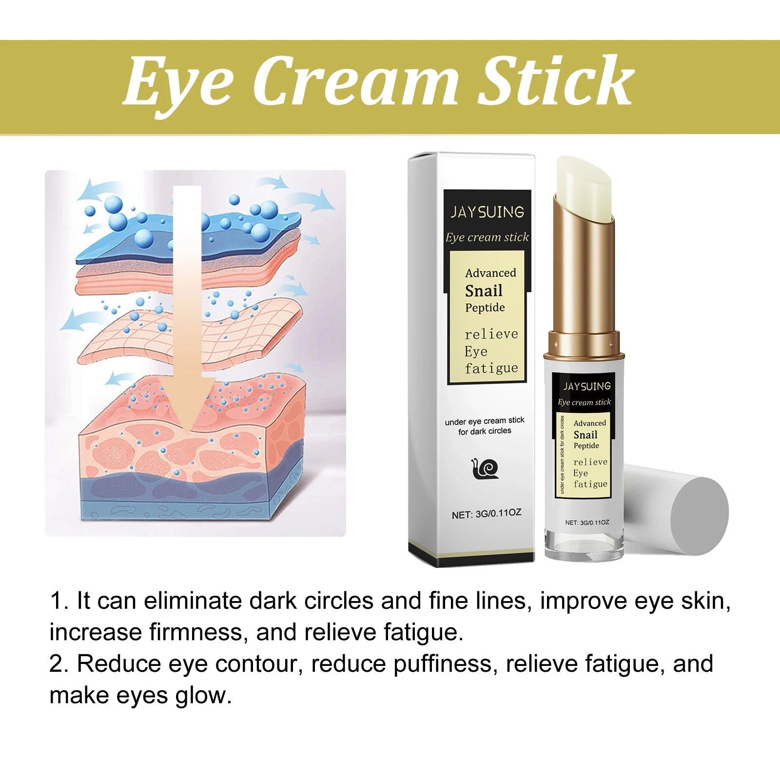 Snail Eye Cream Stick Anti-Puffiness Wrinkle Removal Fade Dark Circle Fine Lines Repair Moisturizing Firming Lightening Eye Care Peaceful Pleasures Health and Wellness