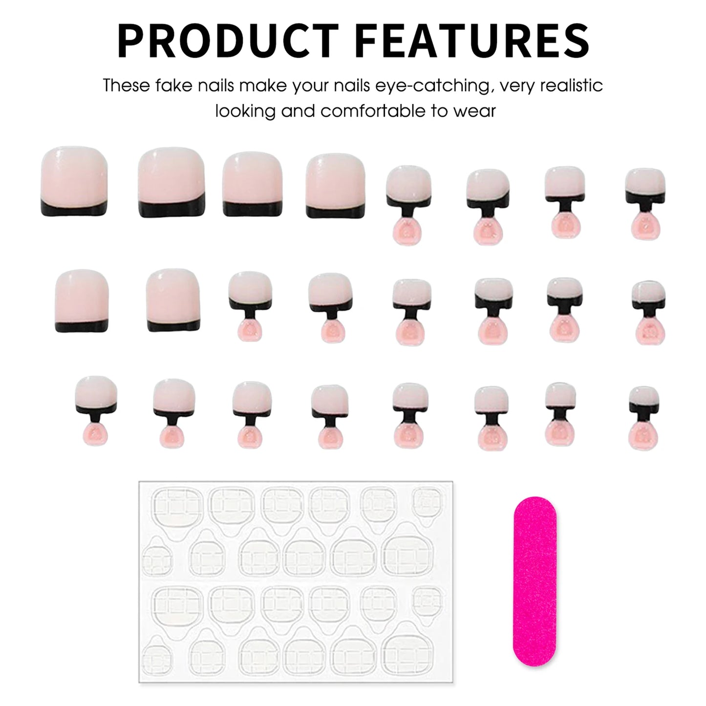 Classic Nude Square False Toenails 24pcs Simple Black French Tip False Acrylic Feet Nails Short Press On Nails Square Wearable Peaceful Pleasures Health and Wellness