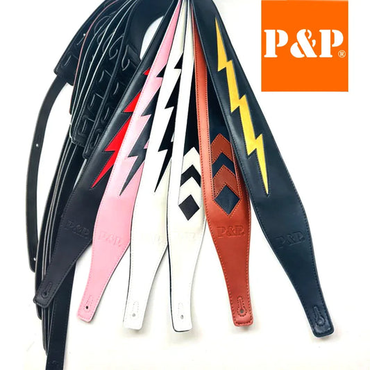 PP Guitar Strap Leather Shoulder Pads Lightning Cowhide Brown White Peaceful Pleasures Health and Wellness