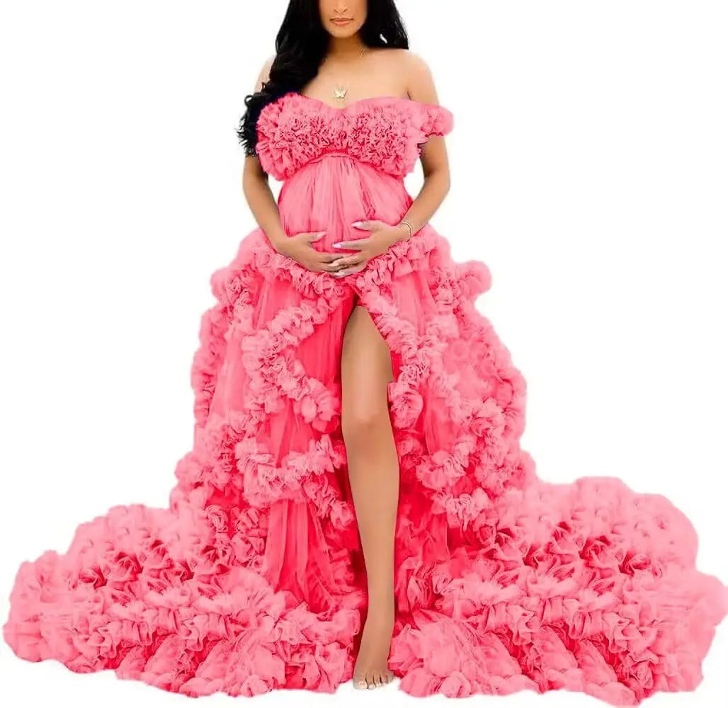 Photoshoot & Baby Shower Tulle Maternity Dress - Off Shoulder, Puffy Ruffles, Elegant Long Robe for Pregnancy Peaceful Pleasures Health and Wellness Watermelon US 2