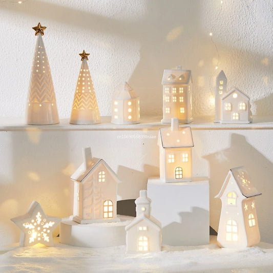 Ceramic Creative Ornaments Small Houses Christmas Decorations Christmas Glowing Snow Houses Home Furnishings INS Ornaments Decor Peaceful Pleasures Health and Wellness