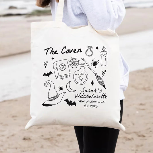 Custom Coven Bachelorette Tote Bag | Witchy Halloween Bridal Party Bachelorette Tote Bag Peaceful Pleasures Health and Wellness