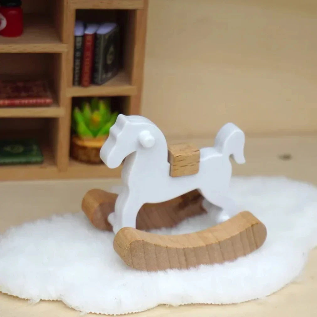 Mini Wooden Rocking Horse Figurine | Dollhouse Home Decor