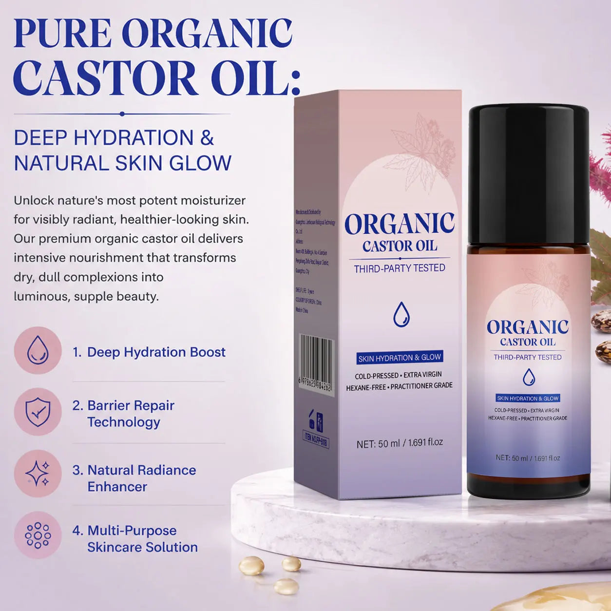 Organic Castor Oil Roll-On,for Skin, Brows & Lashes,Skincare Oil for Skin Hydration & Glow,Moisturizer for Radiant Skin,50ml Peaceful Pleasures Health and Wellness
