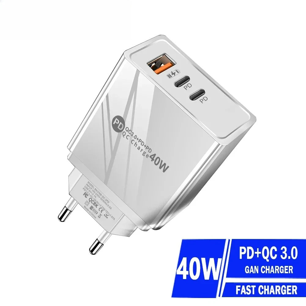 40W 3-Port Fast Charger QC3.0 & Dual PD USB-C Wall Adapter